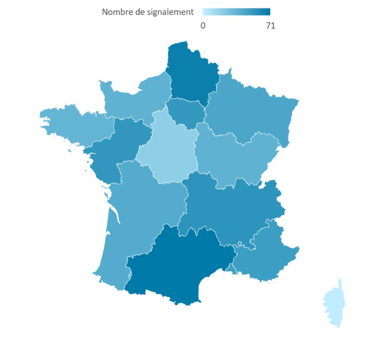 Map of the number of reports in the regions of mainland France in 2023