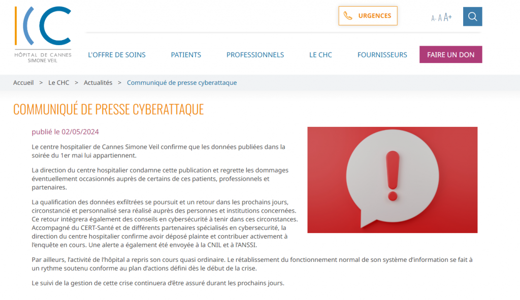 Communiqué de presse de l'hôpital de Cannes sur la cyberattaque