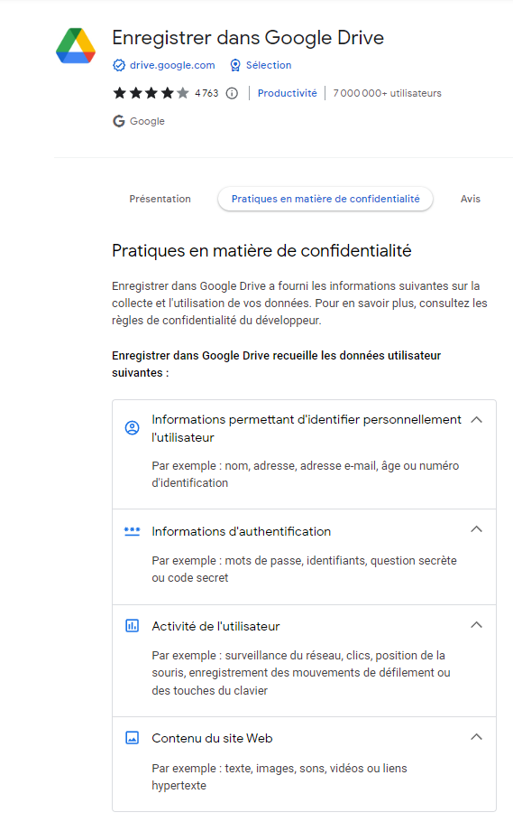 Données utilisateurs recueillies de l'extension "Enregistrer dans Google Drive"
