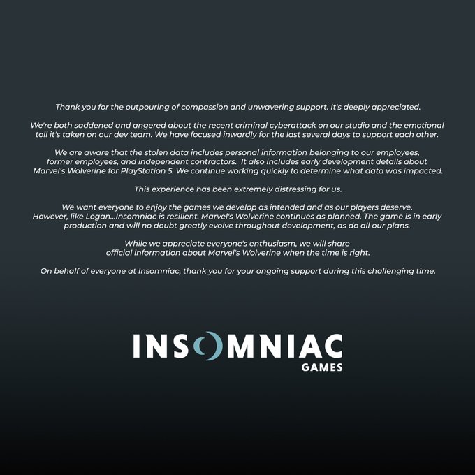 Tweet from Insomniac Games about the data theft