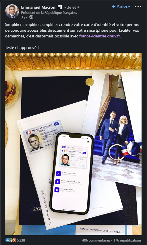 Publication LinkedIn du président de la république sur l'ouverture au grand public de l'application France Identité