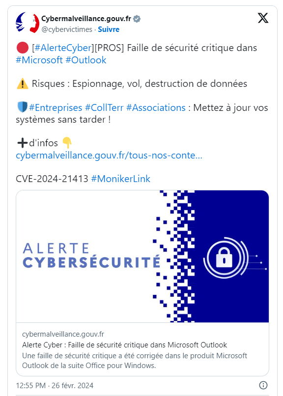 Tweet de Cybermalveillance.gouv.fr à propos de la faille de sécurité critique dans Microsoft Outlook