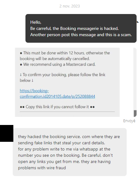 Message sent to the hotel and response from the hotel