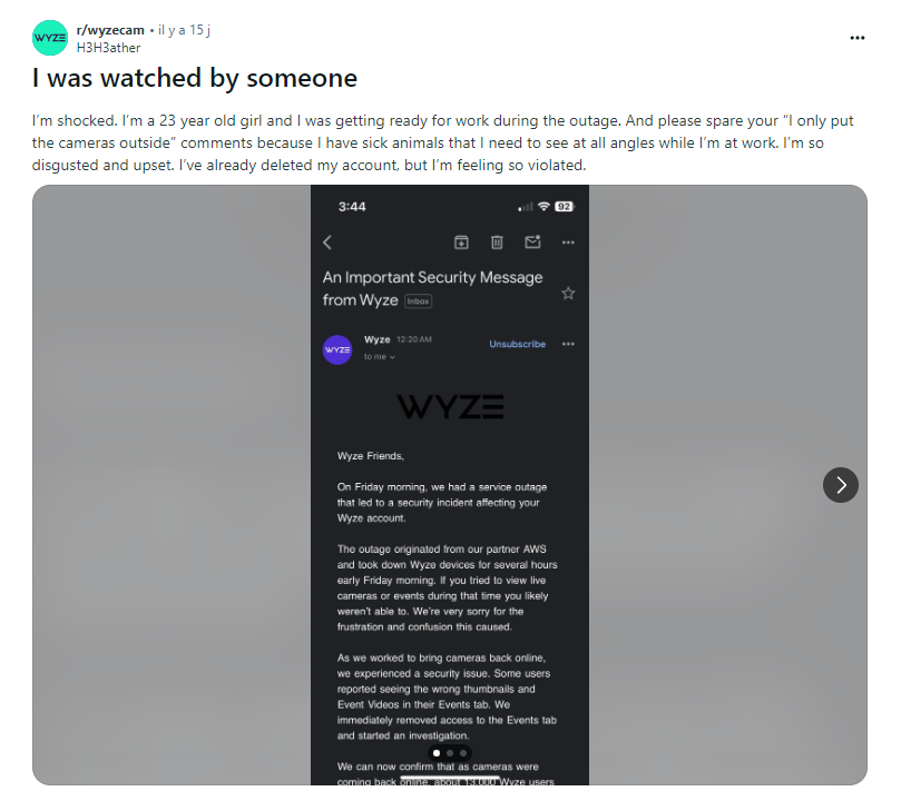Publication Reddit d'une cliente ayant été impactée par les caméras Wyze