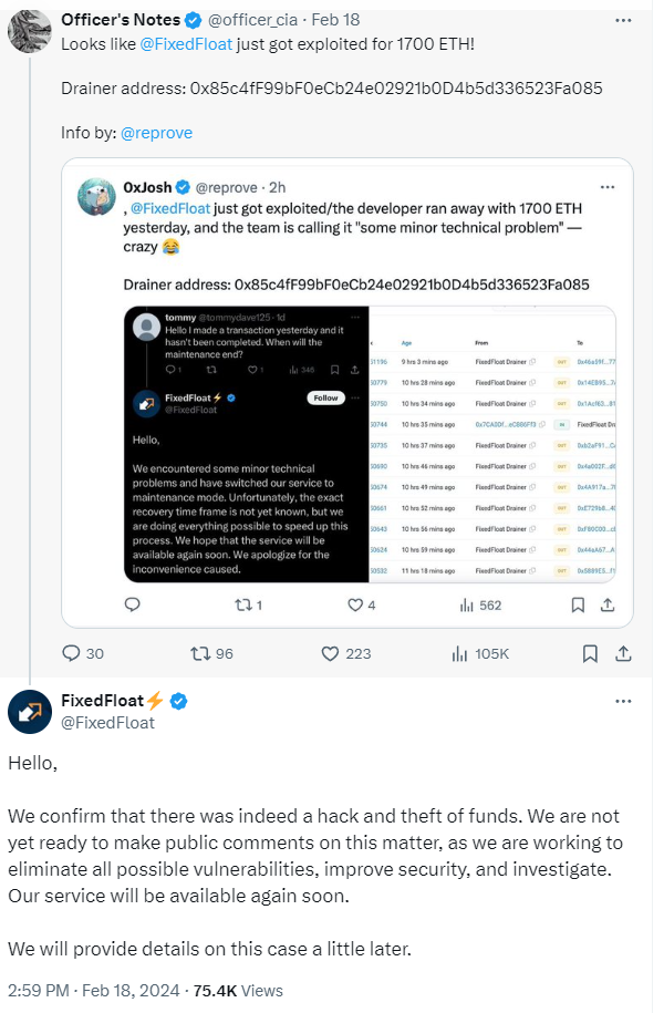 Tweet of FixedFloat about the cyberattack